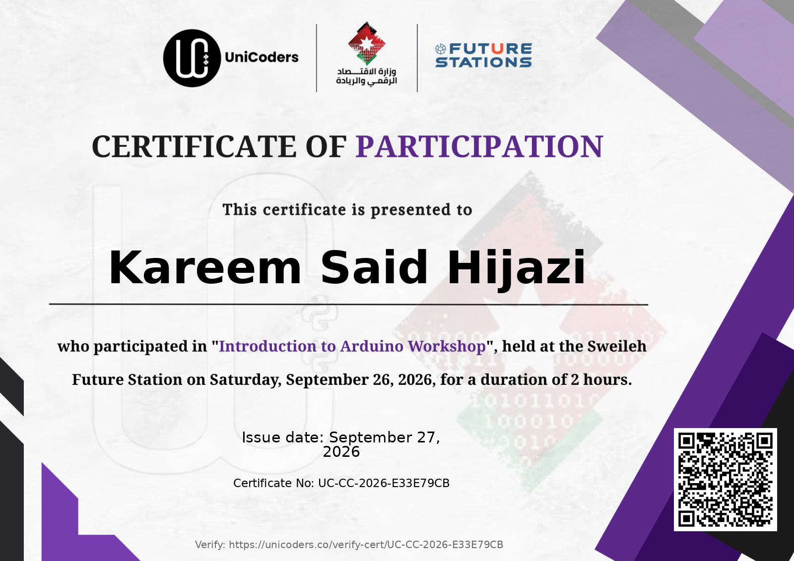 Certificate of Completion — Introduction to Arduino World Workshop