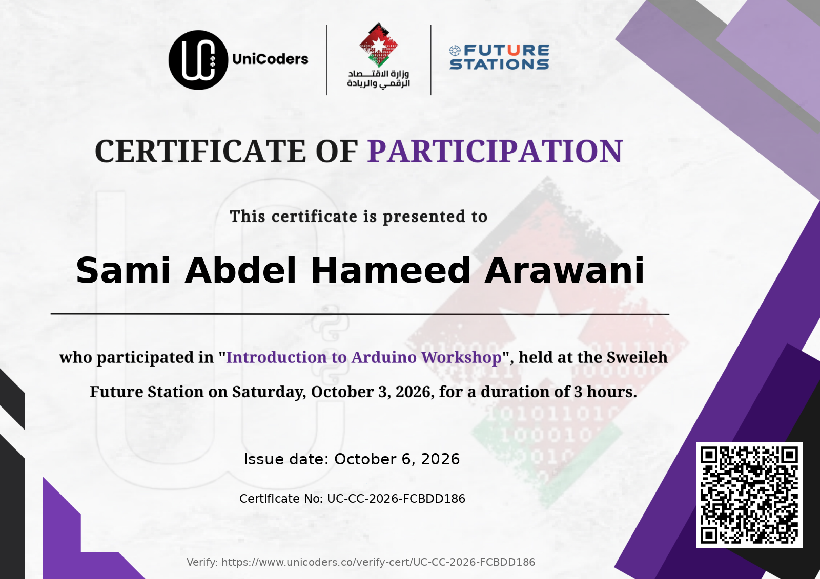 Certificate of Completion — Introduction to Arduino World Workshop